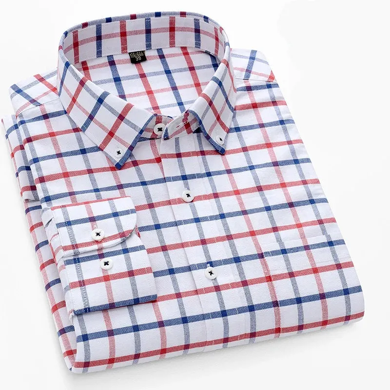 100% Pure Cotton Oxford Men's Plaid Shirt Long Sleeve Regular Fit Men Casual Soft Comfortable Oversized Shirts