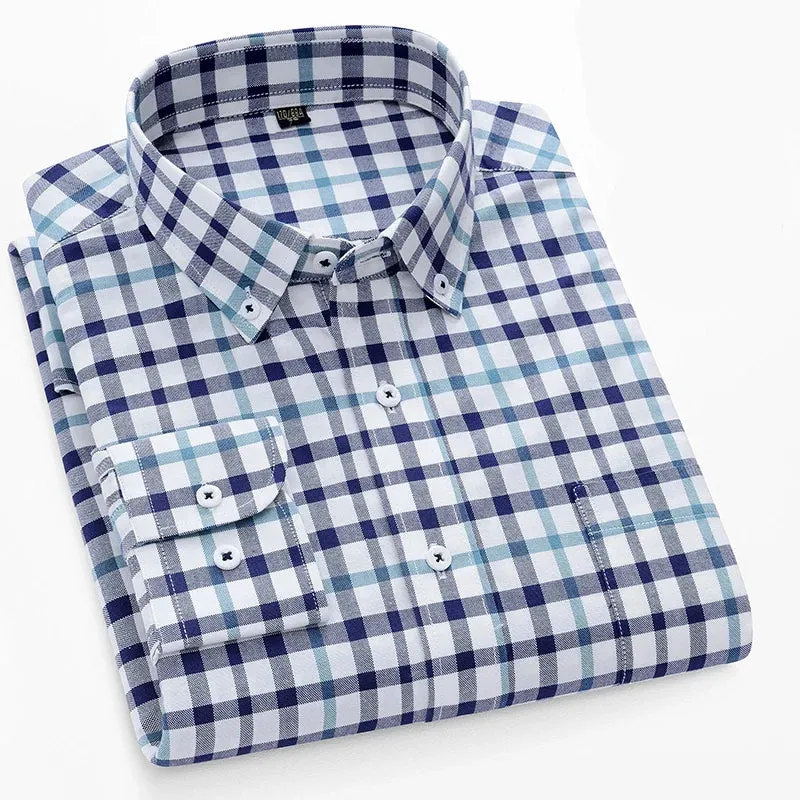 100% Pure Cotton Oxford Men's Plaid Shirt Long Sleeve Regular Fit Men Casual Soft Comfortable Oversized Shirts