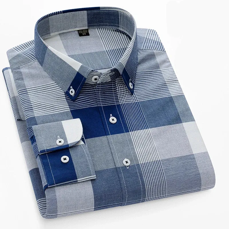 100% Pure Cotton Oxford Men's Plaid Shirt Long Sleeve Regular Fit Men Casual Soft Comfortable Oversized Shirts