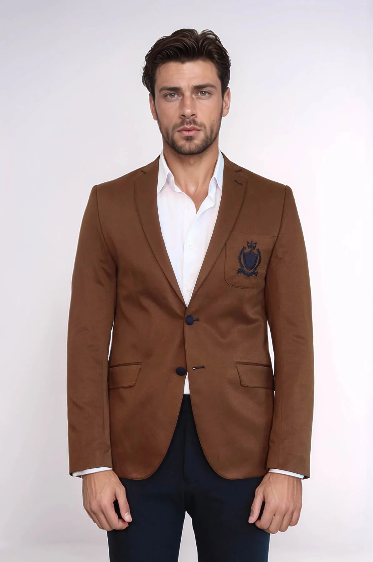 2 Buttons 3 Pockets Crested Cotton Tan Jacket