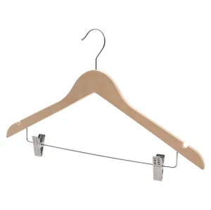 43cm Premium Raw Wood Combination Coat Hanger With Clips - NO Lacquer 12mm thick Sold in Bundle of 10/20/50