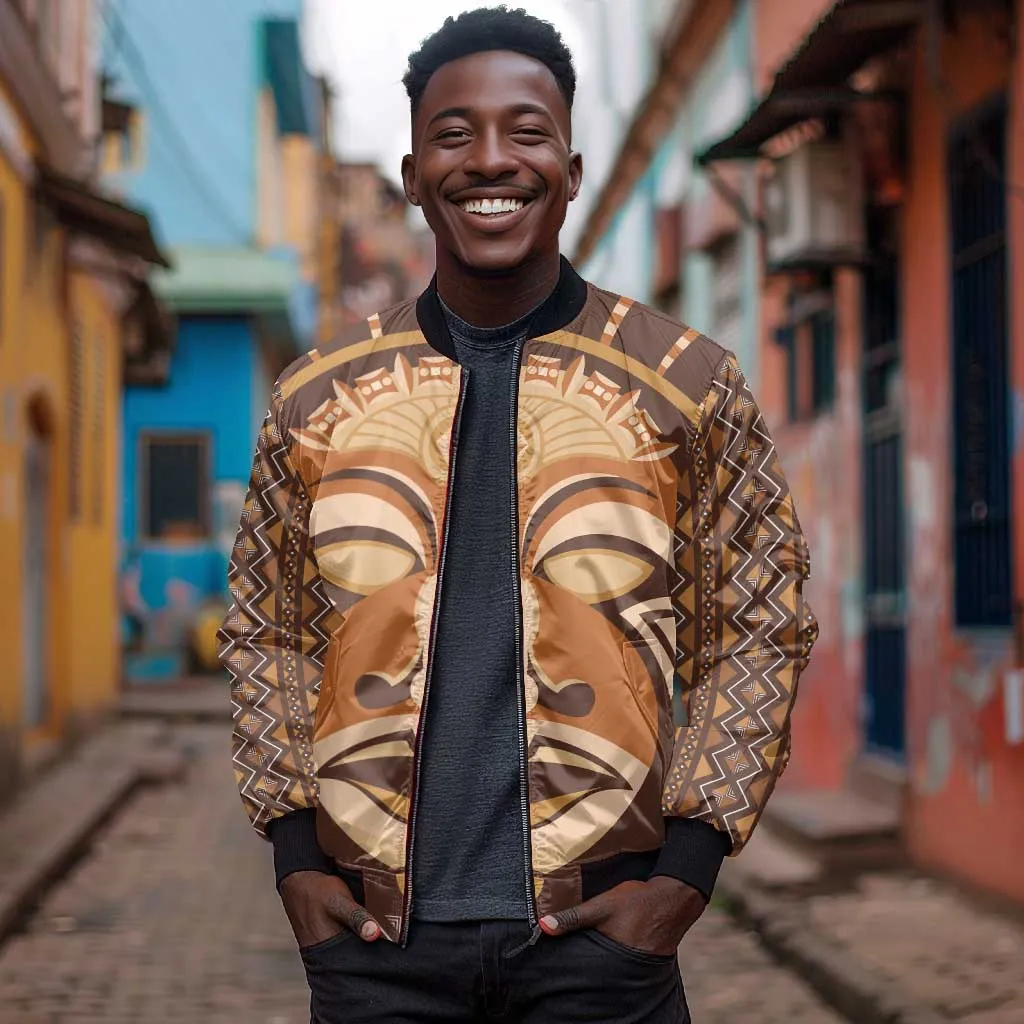 African Mask Printed Mudcloth Sleeve Zip Bomber Jacket Afro Bogolan DT03