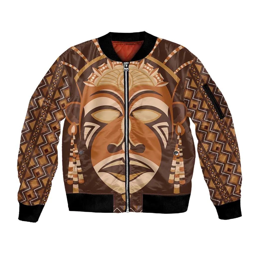African Mask Printed Mudcloth Sleeve Zip Bomber Jacket Afro Bogolan DT03
