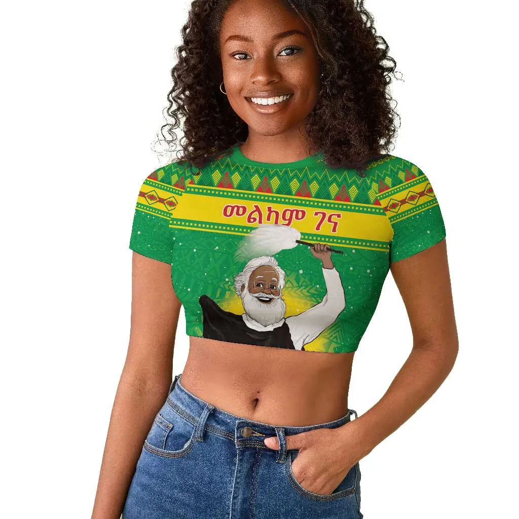Afro Ethiopia Christmas Raglan Cropped T shirt Melkam Gena Yegena Abat LT05