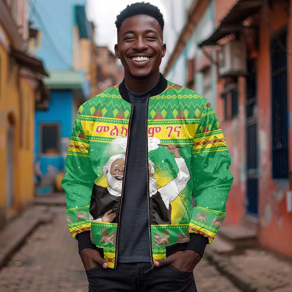 Afro Ethiopia Christmas Sleeve Zip Bomber Jacket Melkam Gena Yegena Abat LT05