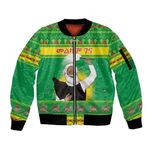 Afro Ethiopia Christmas Sleeve Zip Bomber Jacket Melkam Gena Yegena Abat LT05