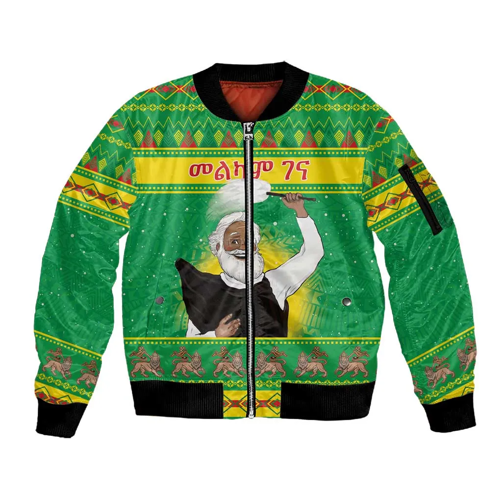 Afro Ethiopia Christmas Sleeve Zip Bomber Jacket Melkam Gena Yegena Abat LT05