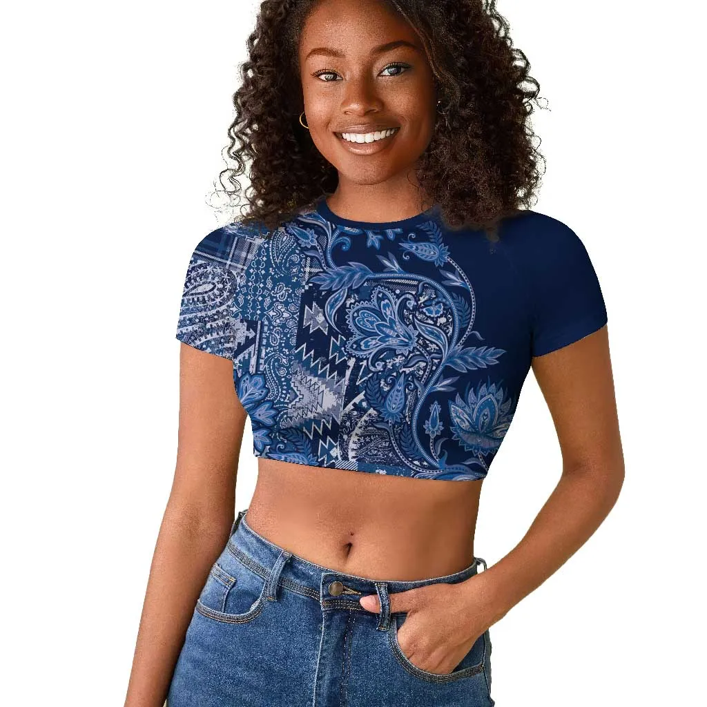 Afro Floral mix Maasai Shuka Raglan Cropped T shirt Blue Moitf LT9