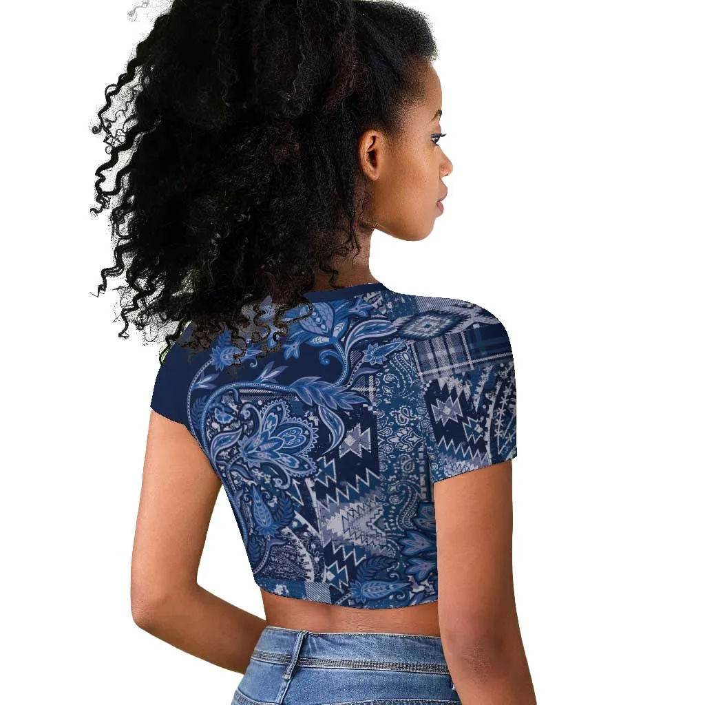 Afro Floral mix Maasai Shuka Raglan Cropped T shirt Blue Moitf LT9