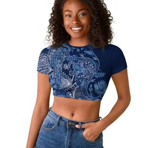Afro Floral mix Maasai Shuka Raglan Cropped T shirt Blue Moitf LT9
