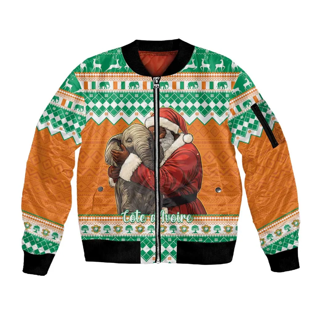 Afro Ivory Coast Christmas Sleeve Zip Bomber Jacket Black Santa Afishapa - African Pattern LT15