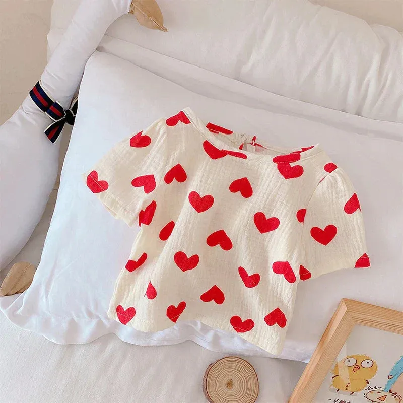 Airy Cotton Set For Summer - T - Shirts With Hearts In Red And Yellow