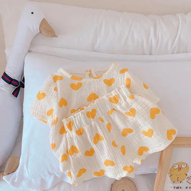 Airy Cotton Set For Summer - T - Shirts With Hearts In Red And Yellow