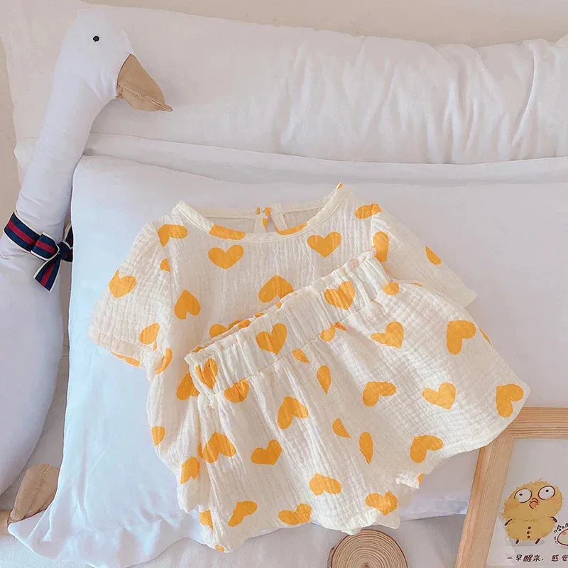 Airy Cotton Set For Summer - T - Shirts With Hearts In Red And Yellow