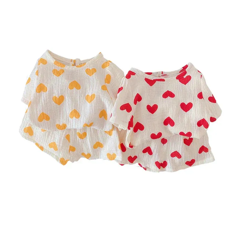 Airy Cotton Set For Summer - T - Shirts With Hearts In Red And Yellow