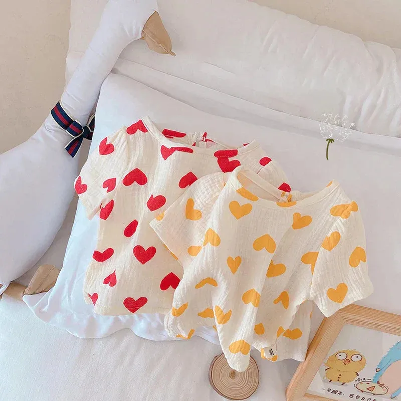 Airy Cotton Set For Summer - T - Shirts With Hearts In Red And Yellow