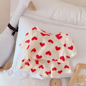 Airy Cotton Set For Summer - T - Shirts With Hearts In Red And Yellow