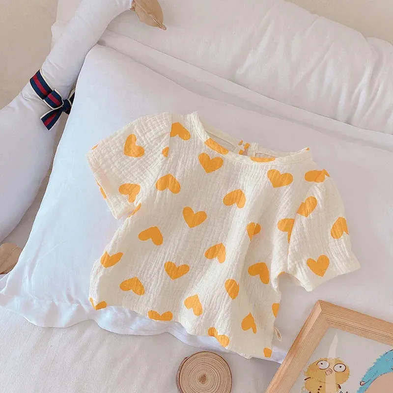 Airy Cotton Set For Summer - T - Shirts With Hearts In Red And Yellow