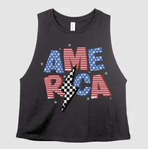 America Stars and Strips Lightning Print Summer Cropped Tank Top /  Adult Sizes
