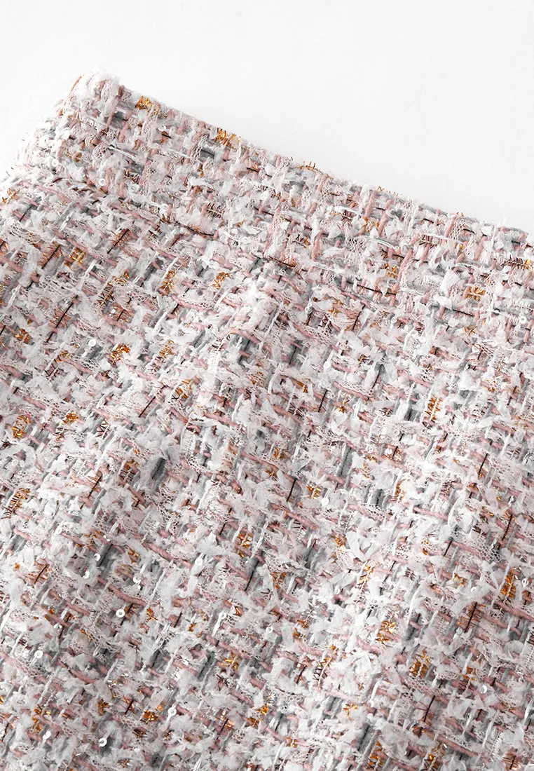 Asymmetric Mixed Tweed Embellished-button
