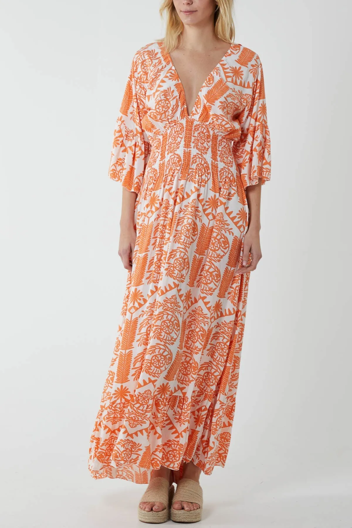 Baroque Shirred Bodice Maxi Dress