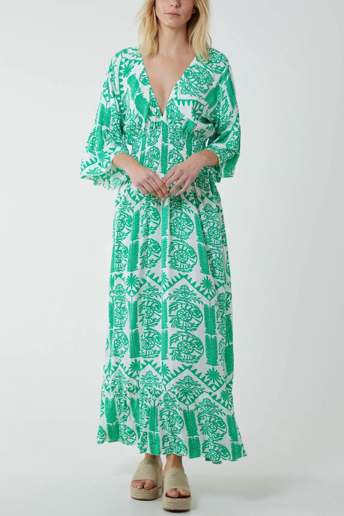 Baroque Shirred Bodice Maxi Dress