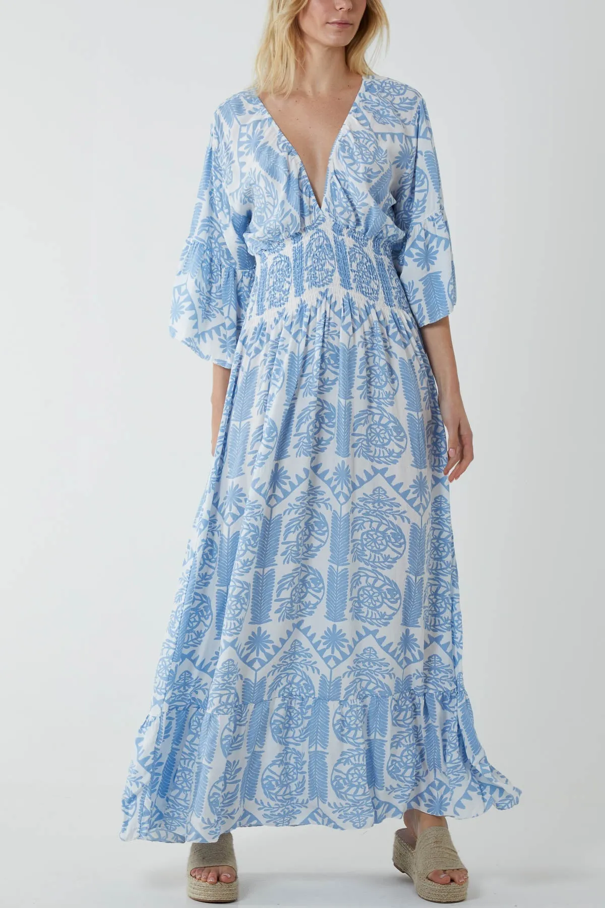 Baroque Shirred Bodice Maxi Dress