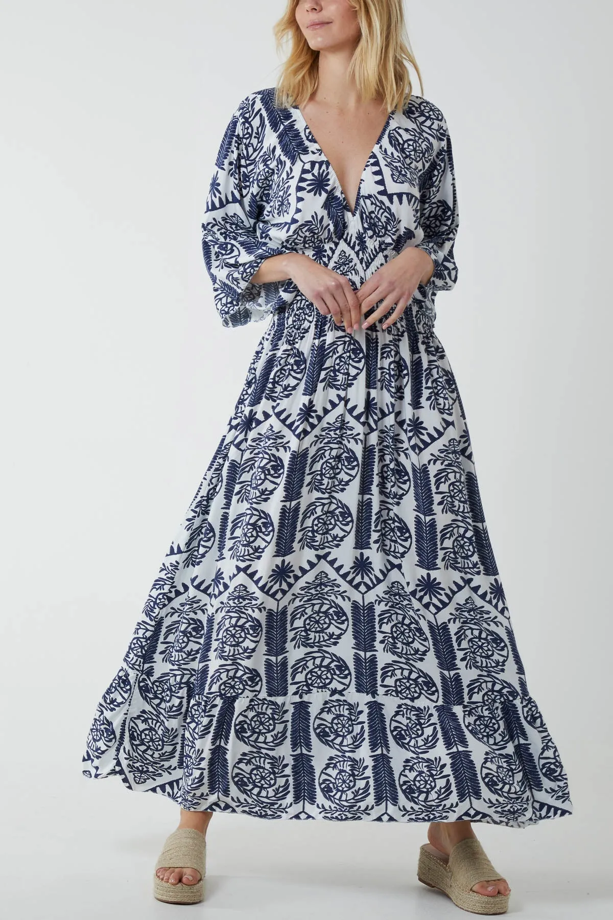 Baroque Shirred Bodice Maxi Dress