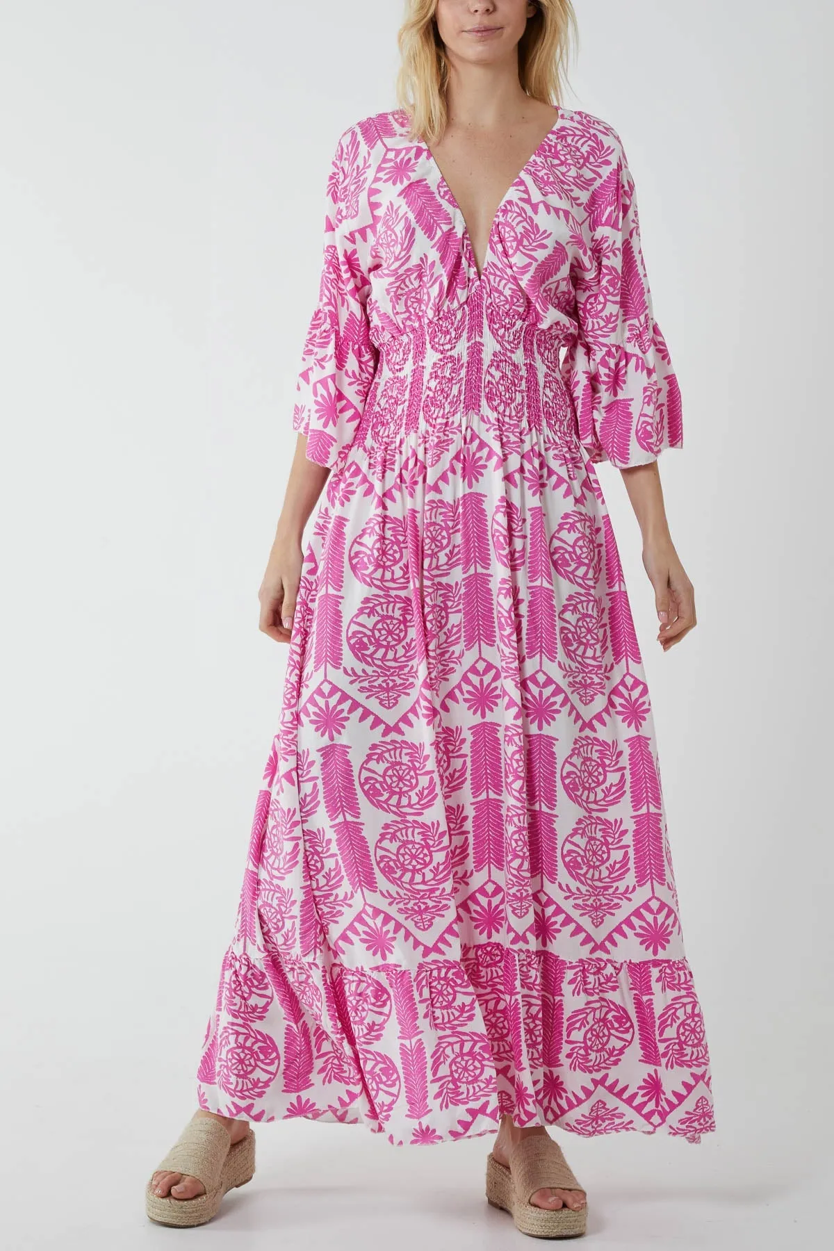 Baroque Shirred Bodice Maxi Dress