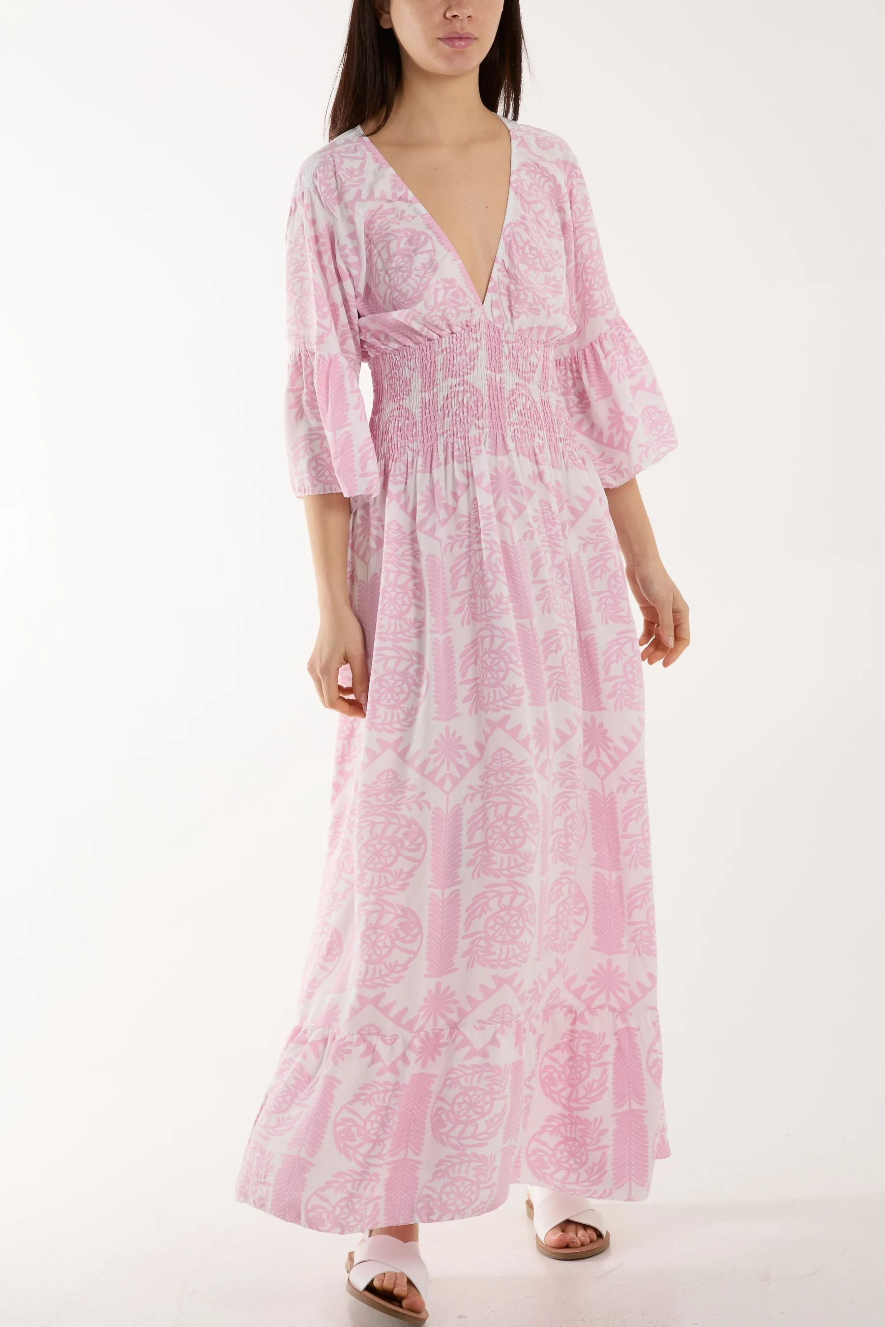 Baroque Shirred Bodice Maxi Dress