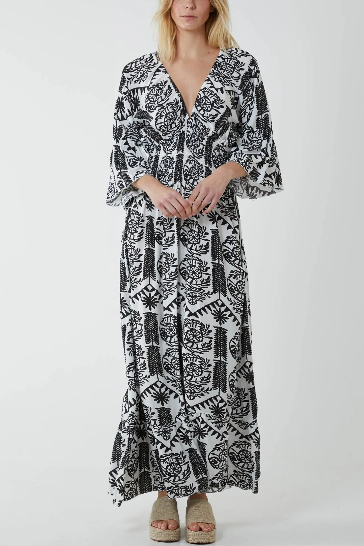 Baroque Shirred Bodice Maxi Dress