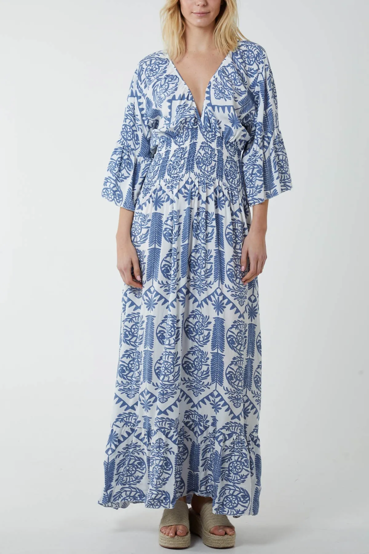 Baroque Shirred Bodice Maxi Dress