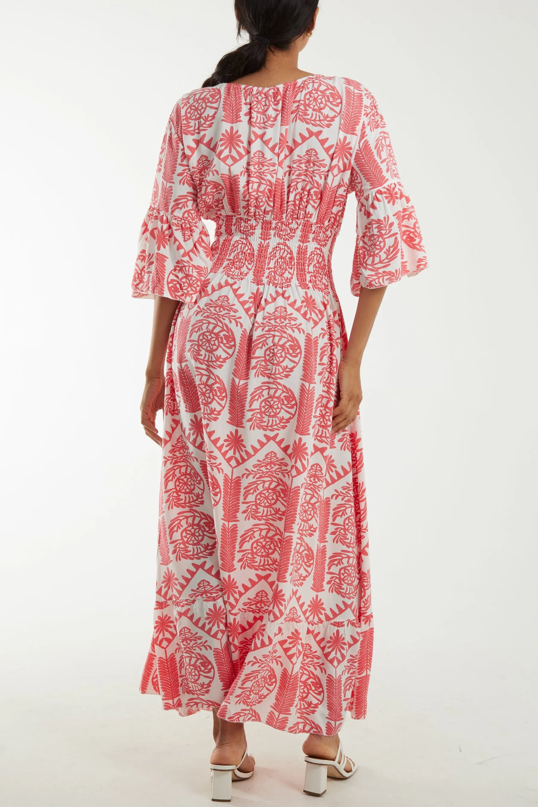 Baroque Shirred Bodice Maxi Dress