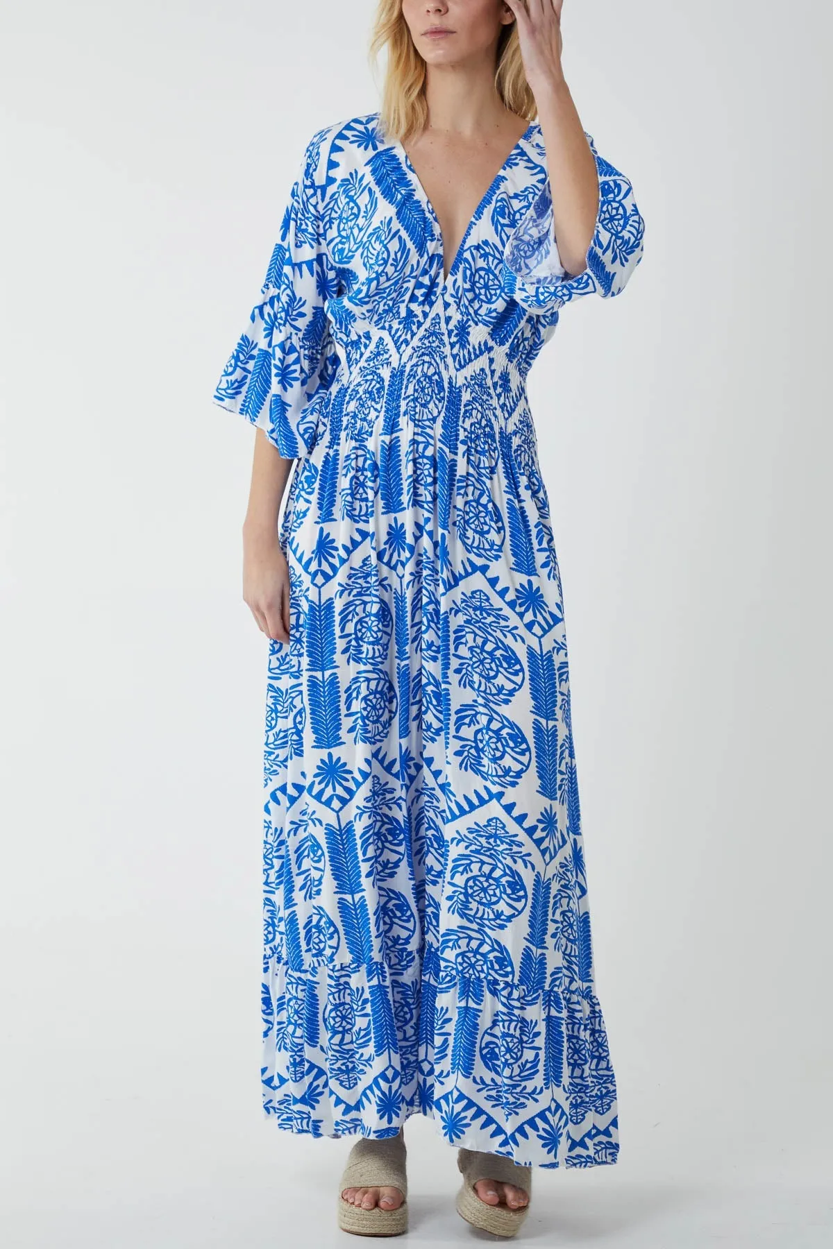 Baroque Shirred Bodice Maxi Dress