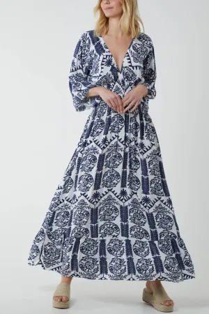 Baroque Shirred Bodice Maxi Dress