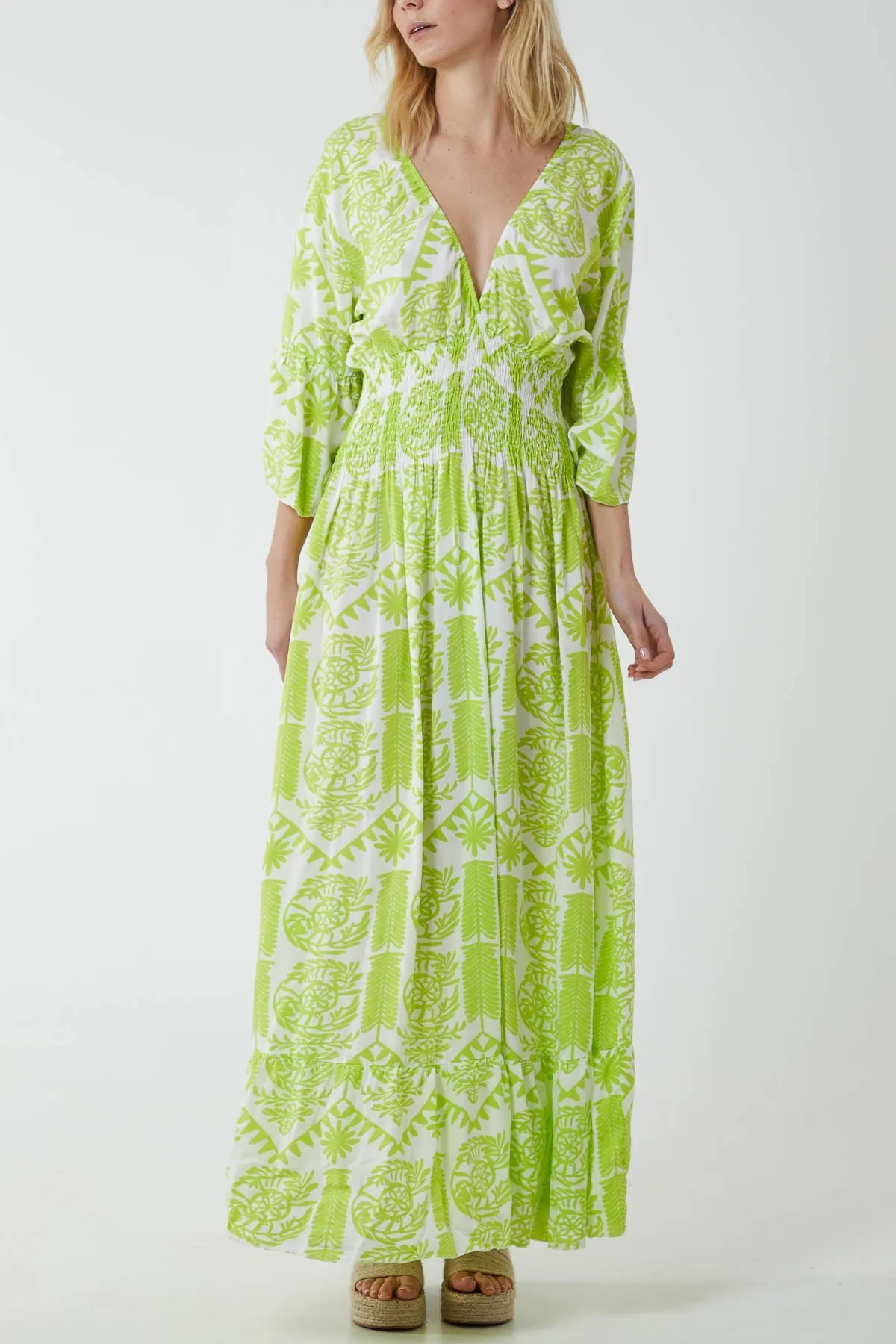 Baroque Shirred Bodice Maxi Dress