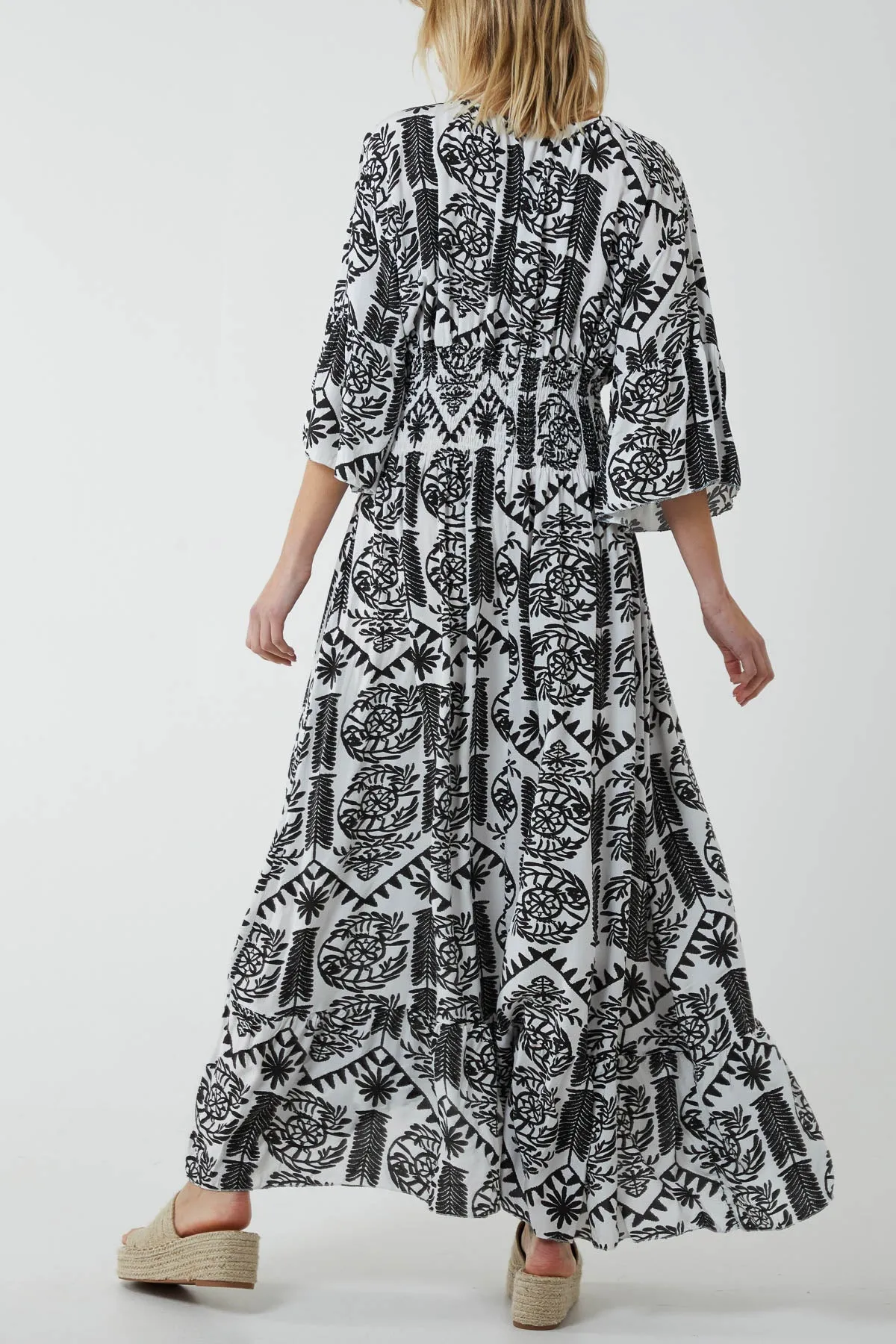 Baroque Shirred Bodice Maxi Dress