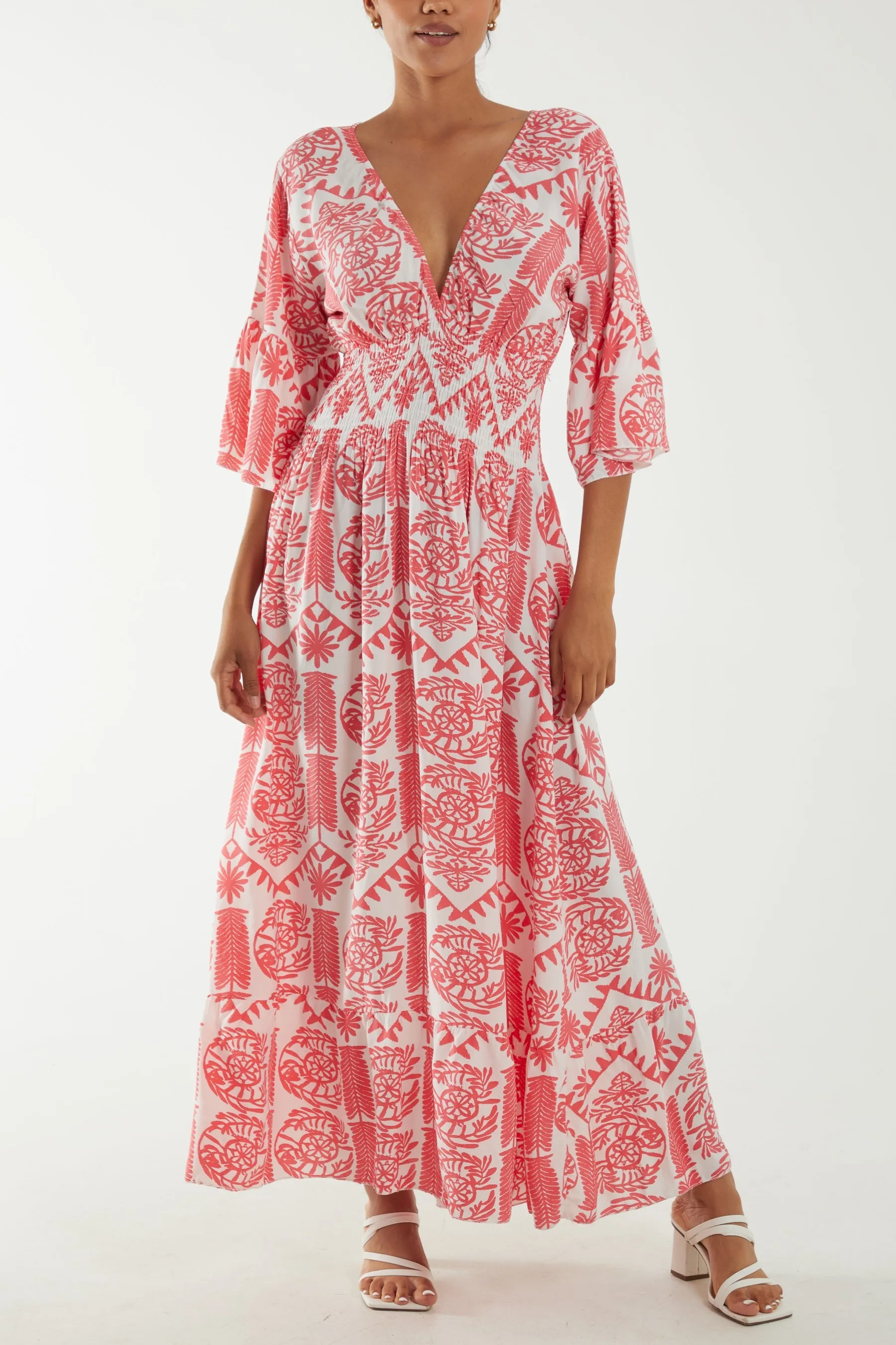 Baroque Shirred Bodice Maxi Dress