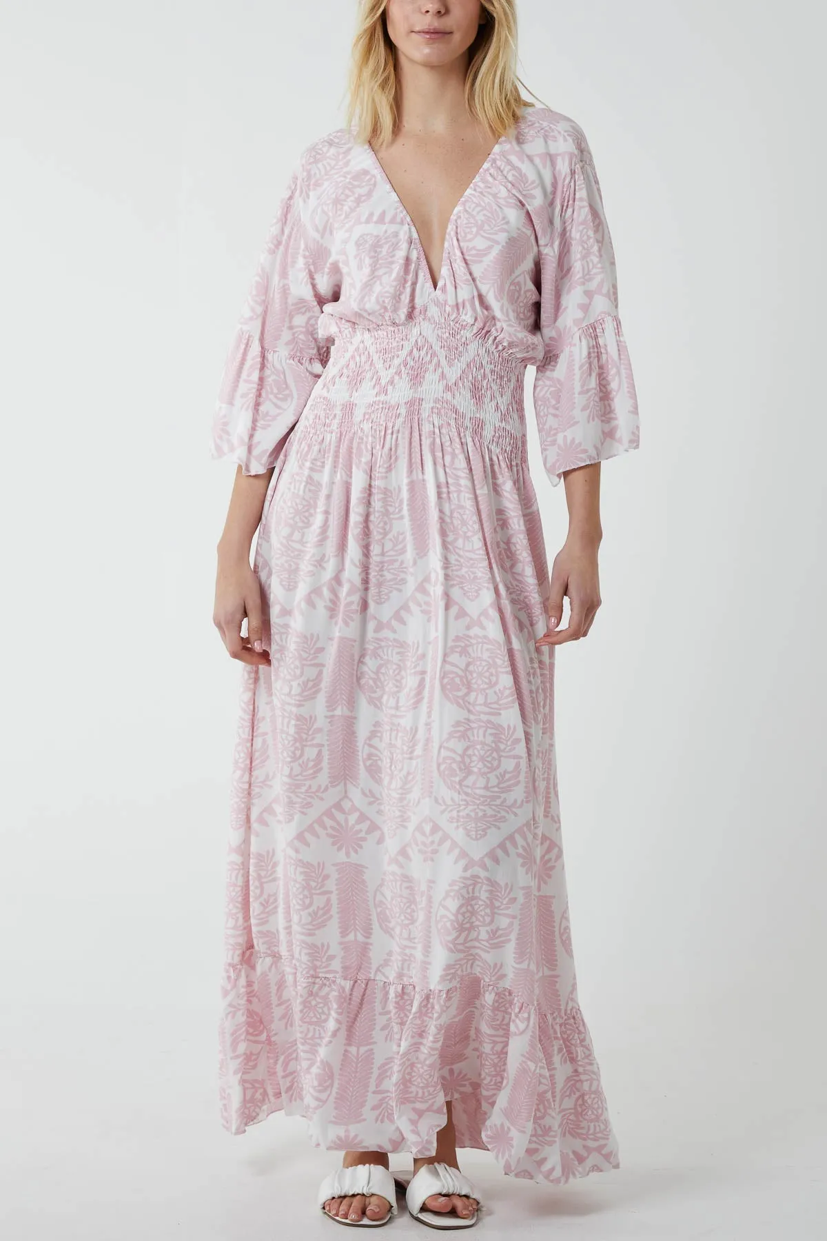 Baroque Shirred Bodice Maxi Dress