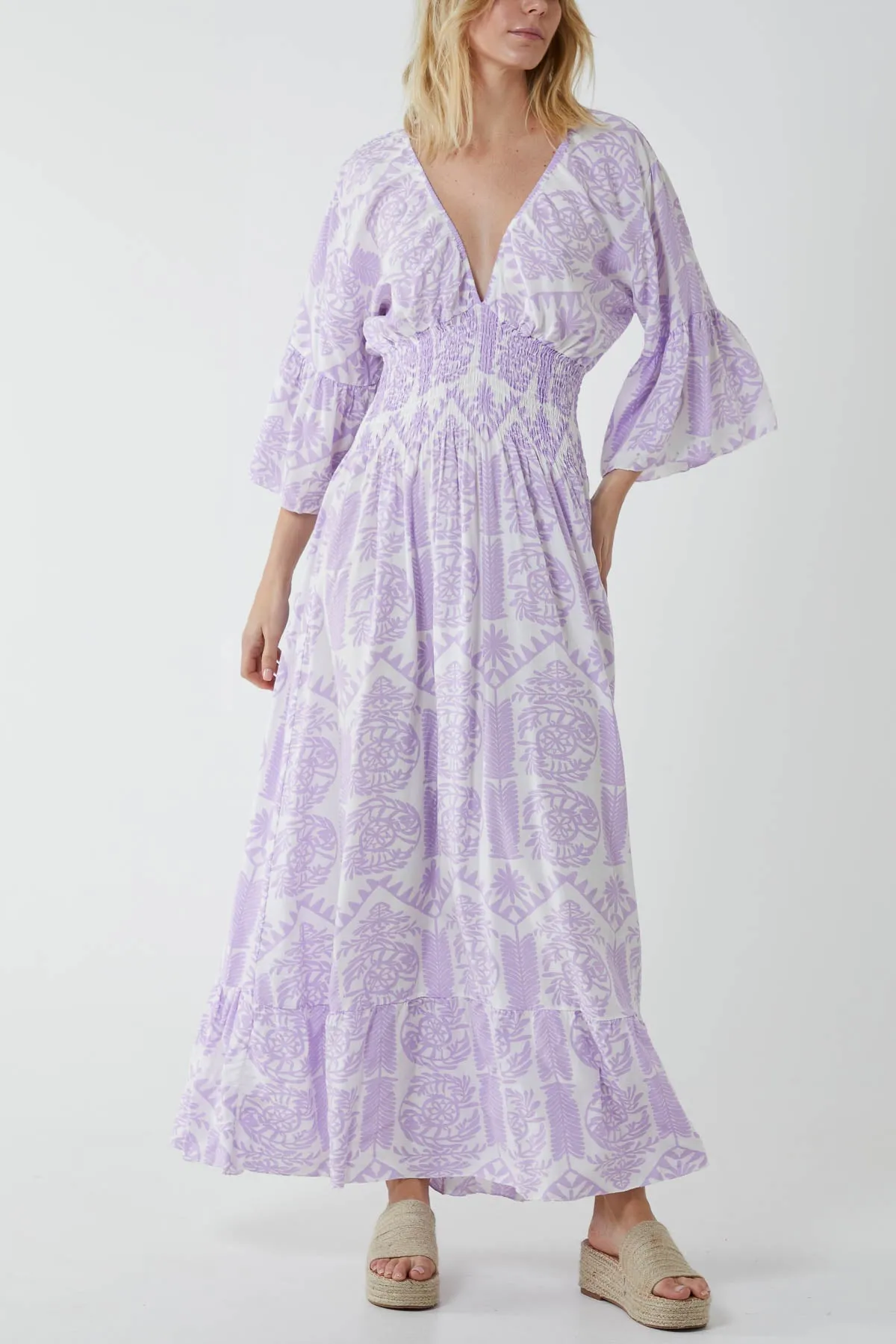 Baroque Shirred Bodice Maxi Dress