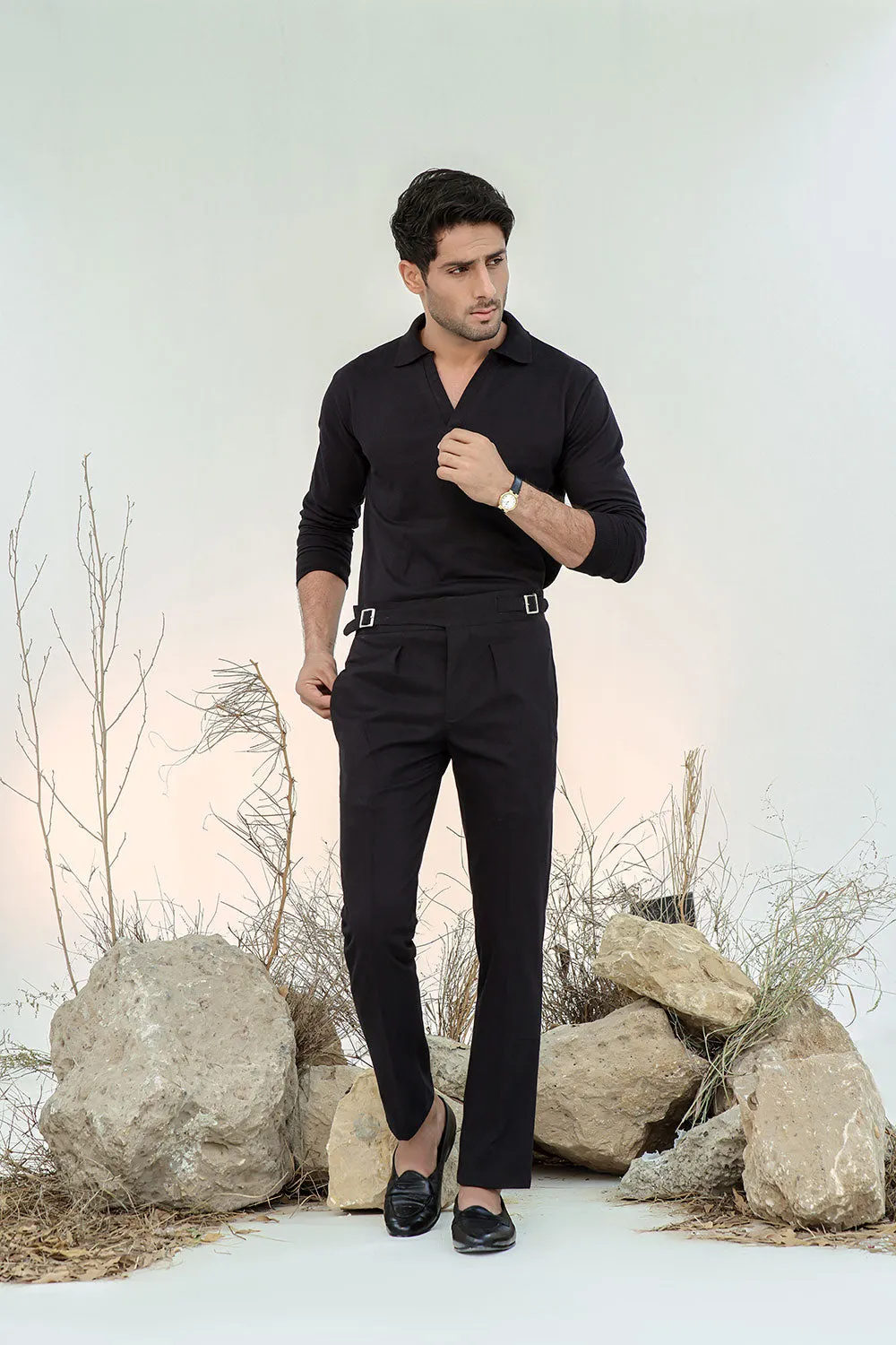 Black Full Sleeves Open Collar Structured Polo Shirt
