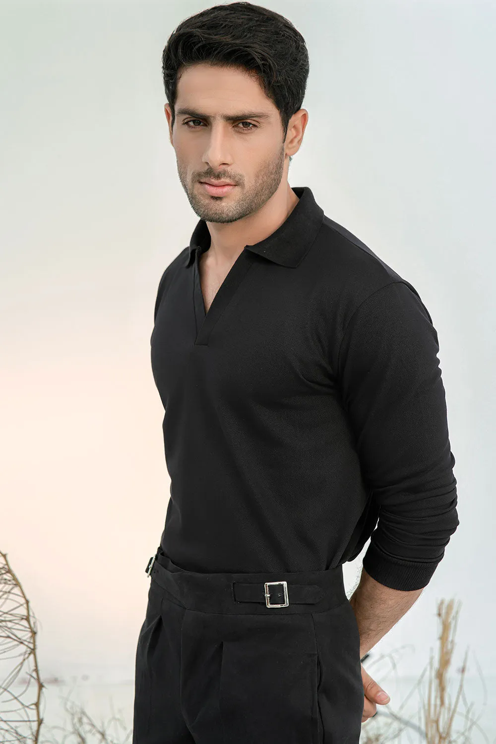 Black Full Sleeves Open Collar Structured Polo Shirt