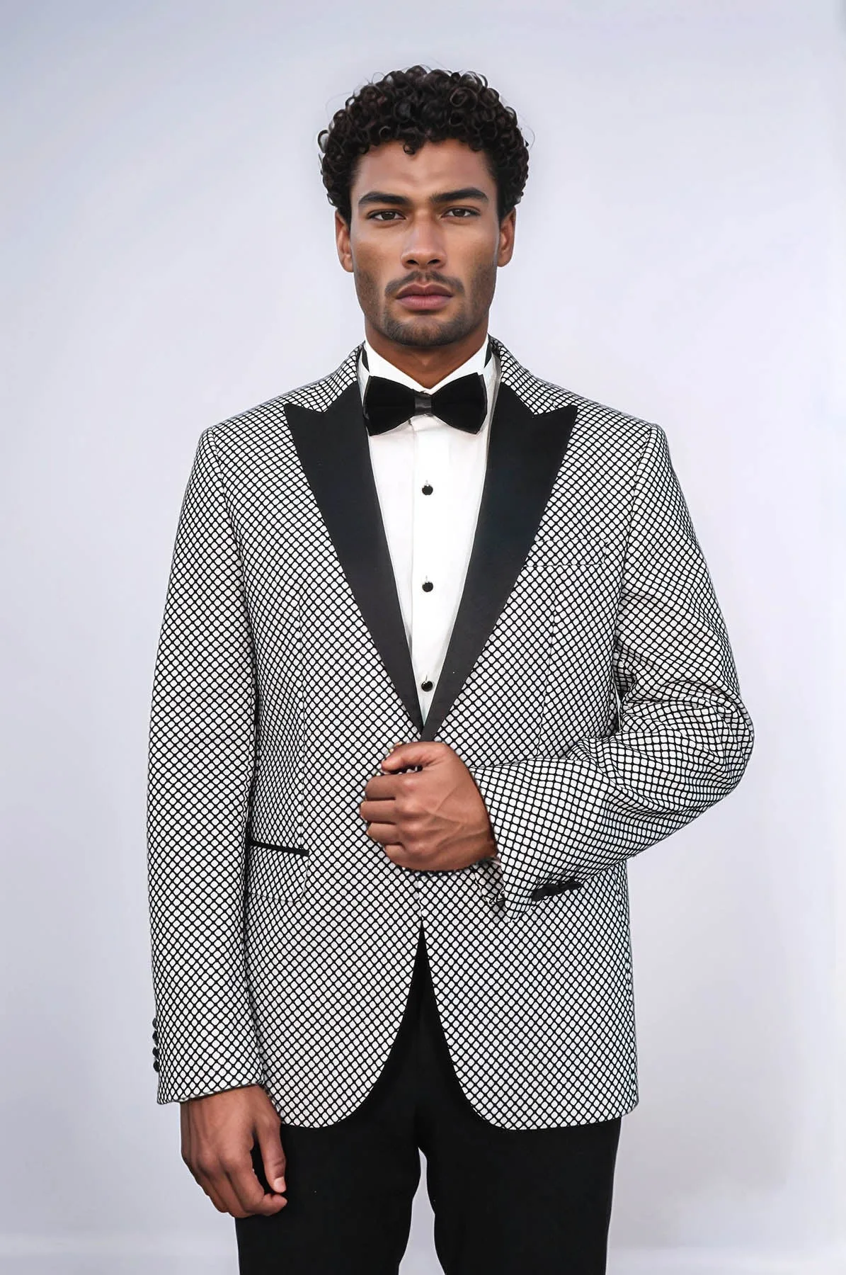 Black Patterned Over White Men Prom Blazer - Wessi