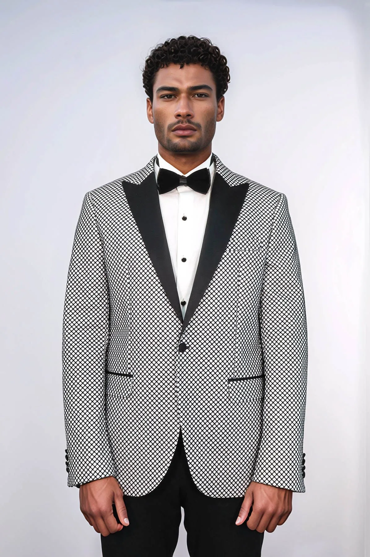 Black Patterned Over White Men Prom Blazer - Wessi