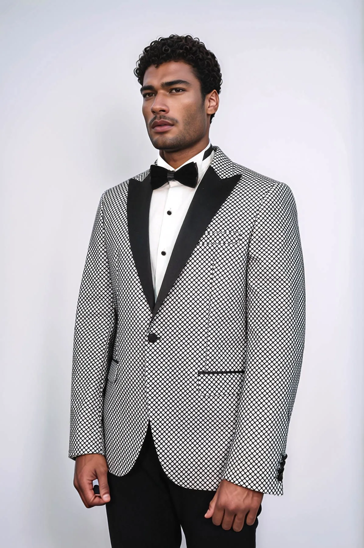 Black Patterned Over White Men Prom Blazer - Wessi
