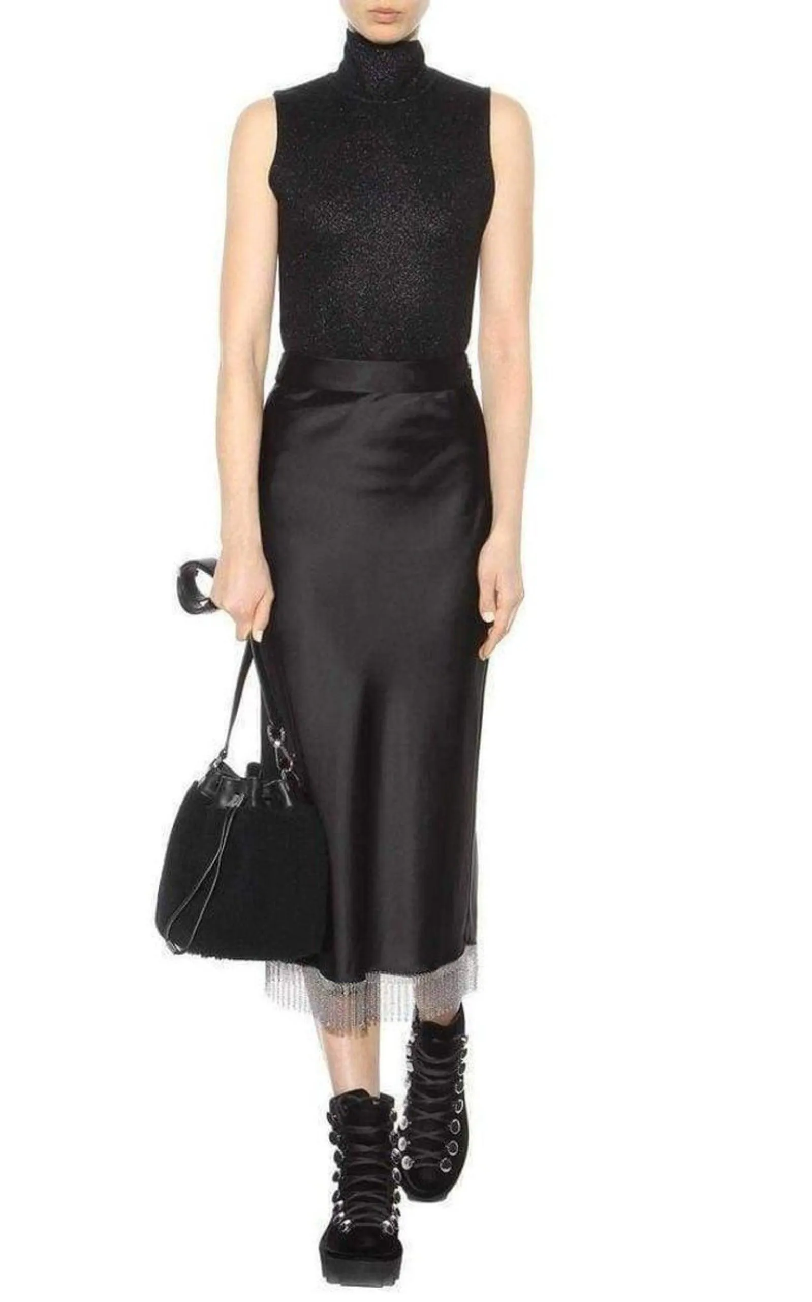 Black Silk Metal Fringe Skirt