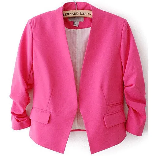 Blazer Women Candy Color Female Blazer Women Jacket 3/4 Sleeve Pockets None Button Woman Slim Short Suit Jacket Blazer Feminino