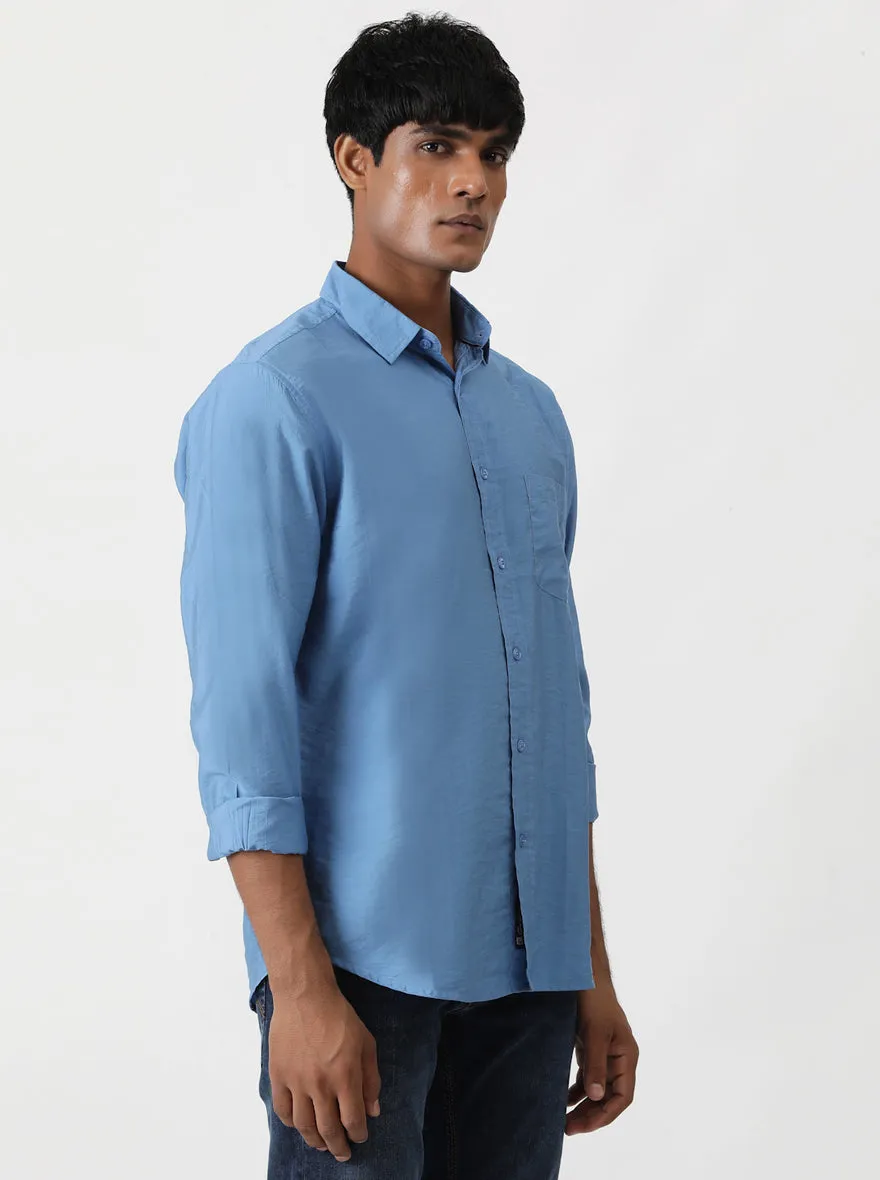 Blue Solid Slim Fit Casual Shirt | Greenfibre