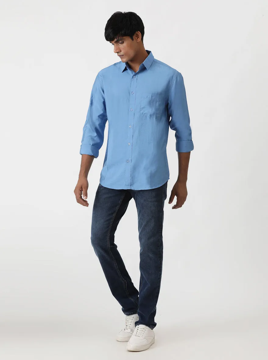 Blue Solid Slim Fit Casual Shirt | Greenfibre