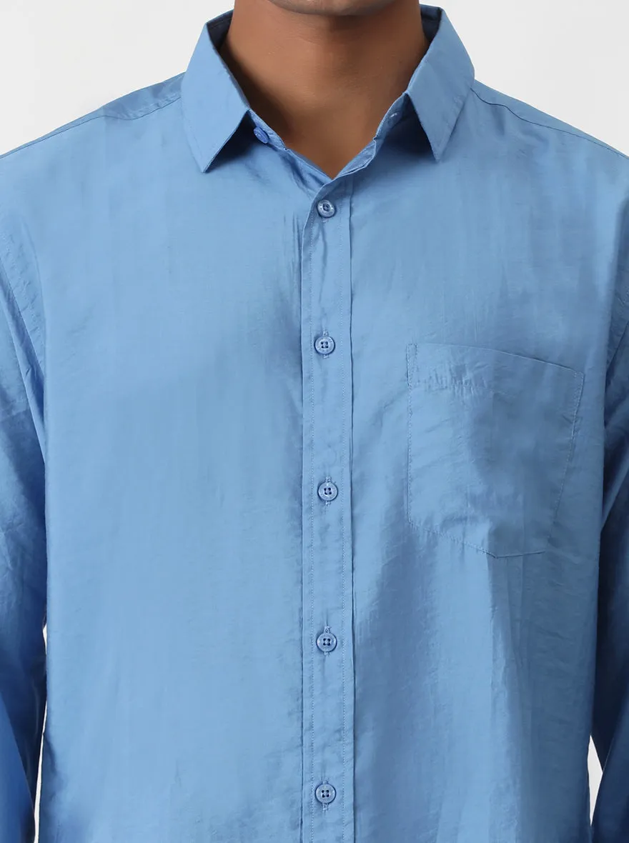 Blue Solid Slim Fit Casual Shirt | Greenfibre